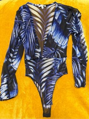 Fashion Nova Blue and Black Leaf-Print Sheer Bodysuit